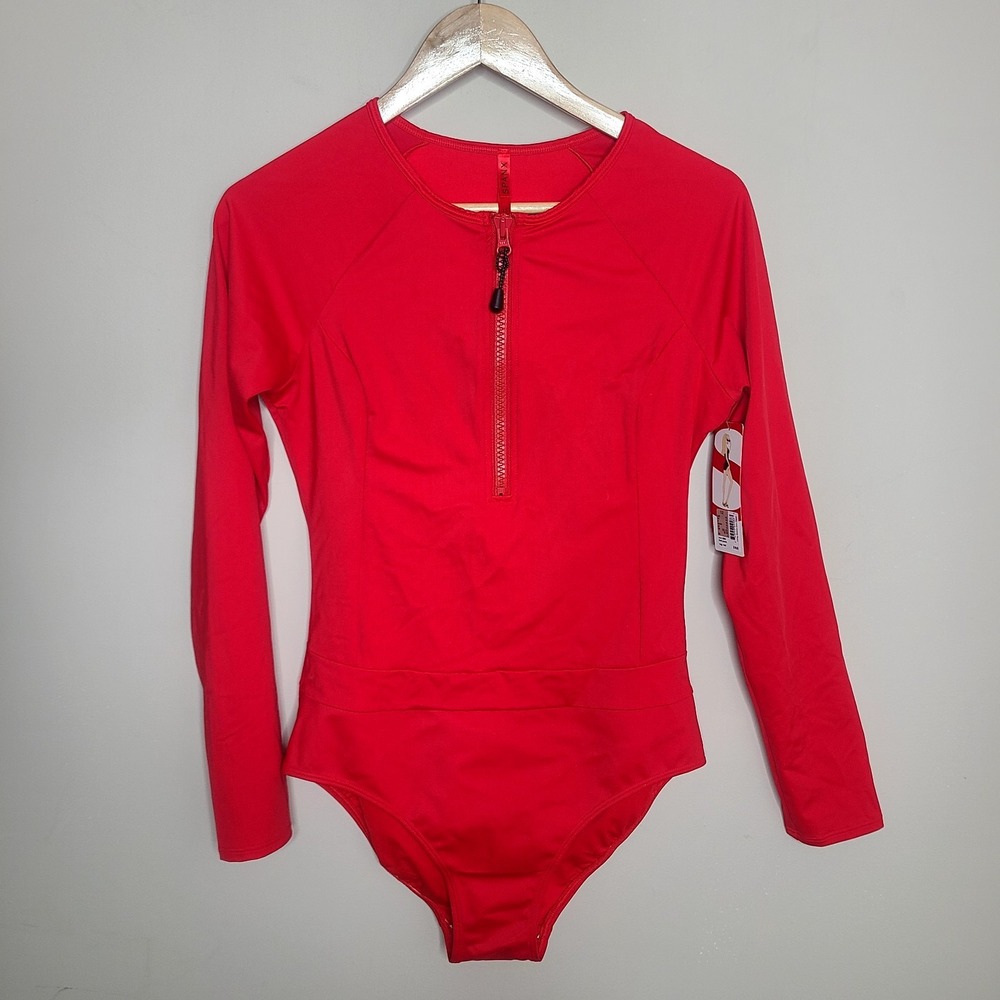 Spanx Long Sleeve One Piece Shaping Swimsuit Red Bathing Suit UPF 50+ Size 12 - Picture 2 of 9